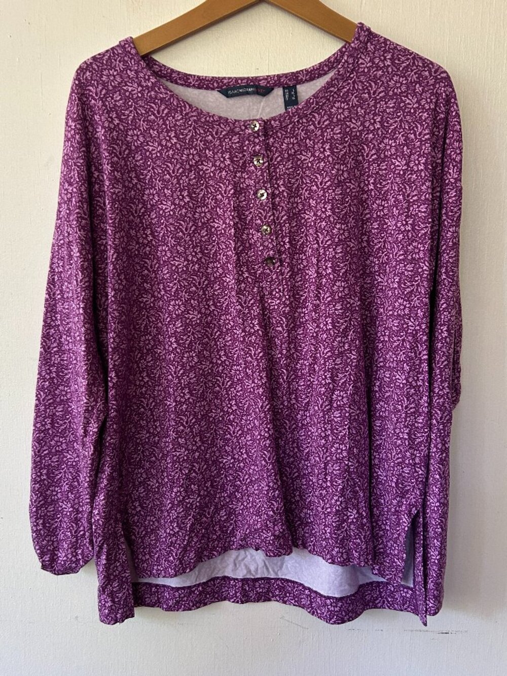 Isaac Mizrahi Live Purple Henley Shirt Womens Large Micro Floral Cottagecore